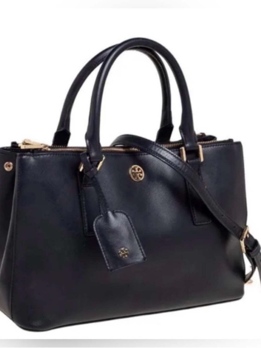 Tory Burch Black Leather Satchel with Gold-Tone Logo